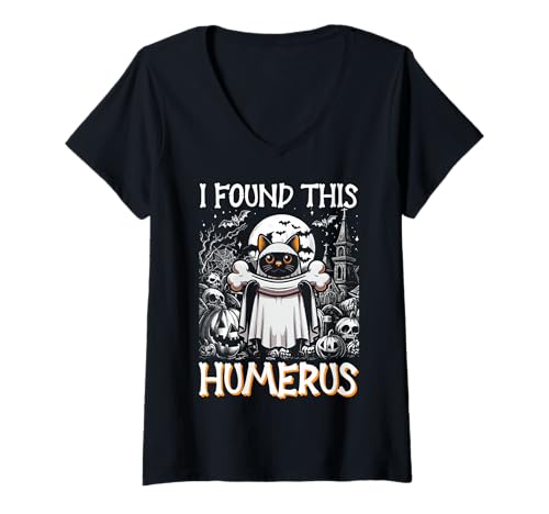 Damen I Found This Humerus - Lustige Katze Halloween T-Shirt mit V-Ausschnitt von Halloween Cat Clothing & Costumes