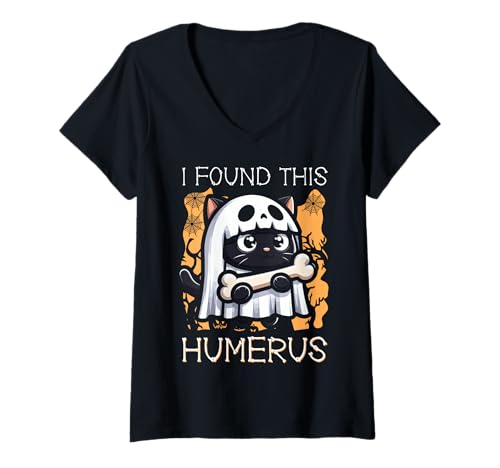 Damen I Found This Humerus - Lustige Katze Halloween T-Shirt mit V-Ausschnitt von Halloween Cat Clothing & Costumes