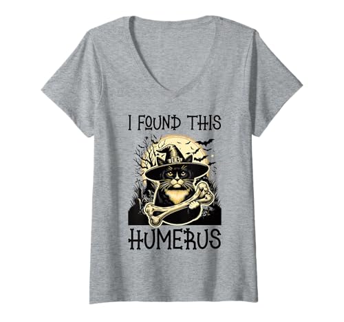 Damen I Found This Humerus - Lustige Katze Halloween T-Shirt mit V-Ausschnitt von Halloween Cat Clothing & Costumes
