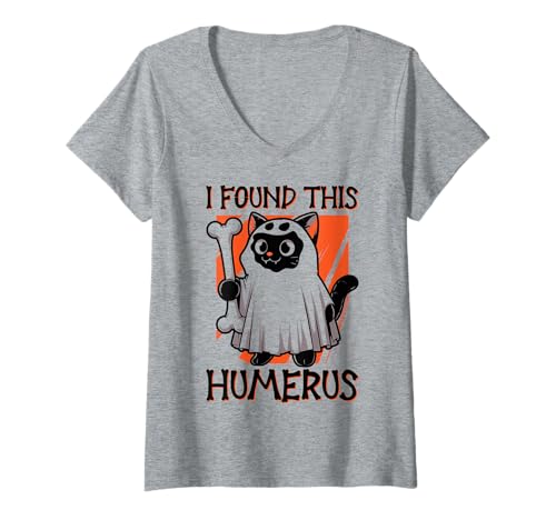 Damen I Found This Humerus - Lustige Katze Halloween T-Shirt mit V-Ausschnitt von Halloween Cat Clothing & Costumes