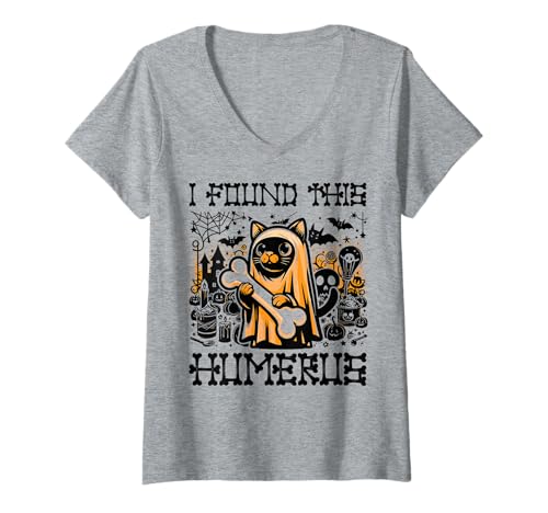Damen I Found This Humerus - Lustige Katze Halloween T-Shirt mit V-Ausschnitt von Halloween Cat Clothing & Costumes