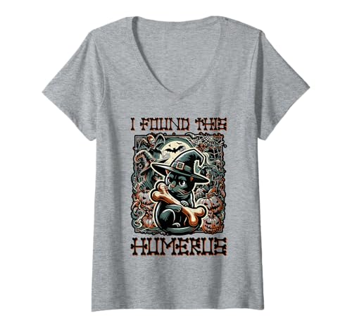 Damen I Found This Humerus - Lustige Katze Halloween T-Shirt mit V-Ausschnitt von Halloween Cat Clothing & Costumes