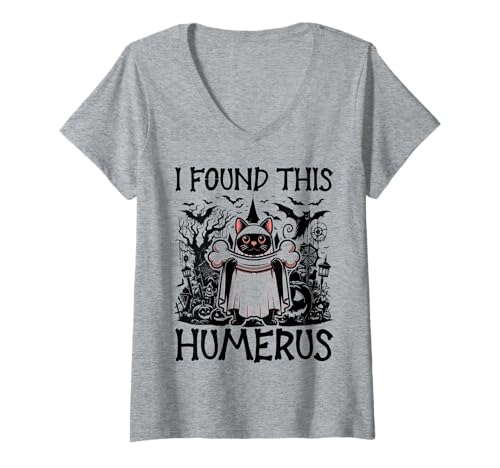 Damen I Found This Humerus - Lustige Katze Halloween T-Shirt mit V-Ausschnitt von Halloween Cat Clothing & Costumes
