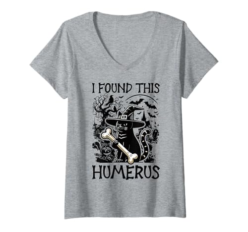 Damen I Found This Humerus - Lustige Katze Halloween T-Shirt mit V-Ausschnitt von Halloween Cat Clothing & Costumes