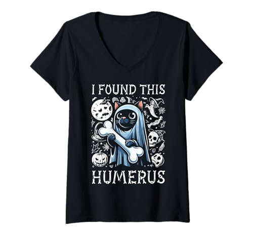 Damen I Found This Humerus - Lustige Katze Halloween T-Shirt mit V-Ausschnitt von Halloween Cat Clothing & Costumes
