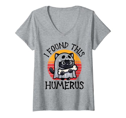 Damen I Found This Humerus - Lustige Katze Halloween T-Shirt mit V-Ausschnitt von Halloween Cat Clothing & Costumes