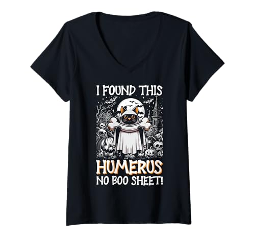 Damen I Found This Humerus No Boo Sheet – Lustige Katze Halloween T-Shirt mit V-Ausschnitt von Halloween Cat Clothing & Costumes