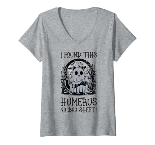 Damen I Found This Humerus No Boo Sheet – Lustige Katze Halloween T-Shirt mit V-Ausschnitt von Halloween Cat Clothing & Costumes
