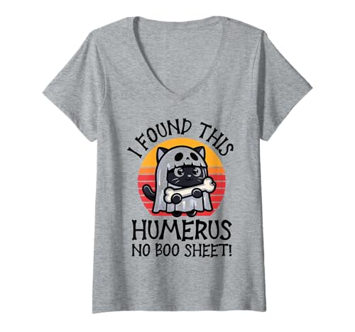 Damen I Found This Humerus No Boo Sheet – Lustige Katze Halloween T-Shirt mit V-Ausschnitt von Halloween Cat Clothing & Costumes