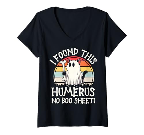 Damen I Found This Humerus No Boo Sheet – Lustige Katze Halloween T-Shirt mit V-Ausschnitt von Halloween Cat Clothing & Costumes
