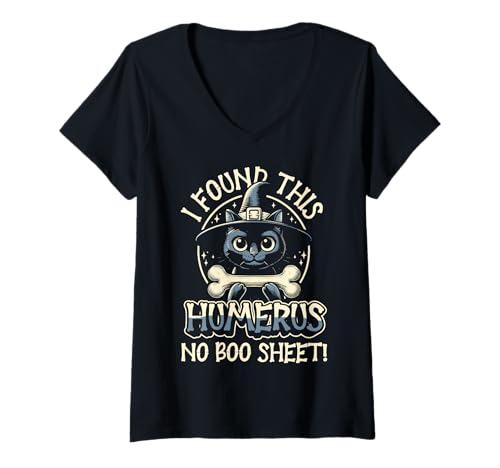 Damen I Found This Humerus No Boo Sheet – Lustige Katze Halloween T-Shirt mit V-Ausschnitt von Halloween Cat Clothing & Costumes