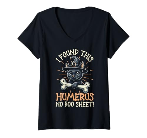 Damen I Found This Humerus No Boo Sheet – Lustige Katze Halloween T-Shirt mit V-Ausschnitt von Halloween Cat Clothing & Costumes
