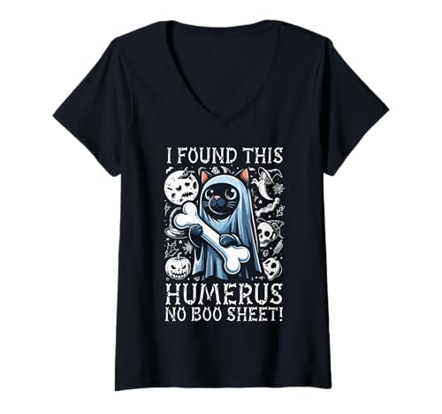 Damen I Found This Humerus No Boo Sheet – Lustige Katze Halloween T-Shirt mit V-Ausschnitt von Halloween Cat Clothing & Costumes