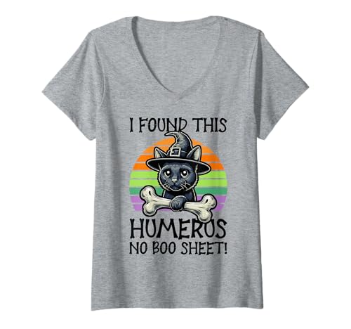 Damen I Found This Humerus No Boo Sheet – Lustige Katze Halloween T-Shirt mit V-Ausschnitt von Halloween Cat Clothing & Costumes