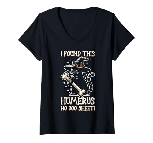 Damen I Found This Humerus No Boo Sheet – Lustige Katze Halloween T-Shirt mit V-Ausschnitt von Halloween Cat Clothing & Costumes