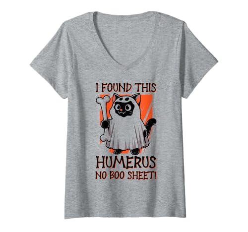Damen I Found This Humerus No Boo Sheet – Lustige Katze Halloween T-Shirt mit V-Ausschnitt von Halloween Cat Clothing & Costumes