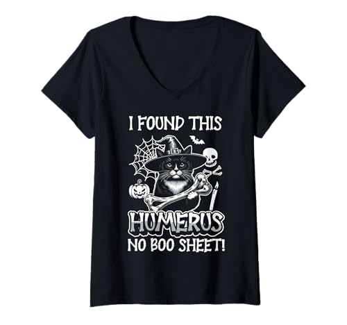 Damen I Found This Humerus No Boo Sheet – Lustige Katze Halloween T-Shirt mit V-Ausschnitt von Halloween Cat Clothing & Costumes