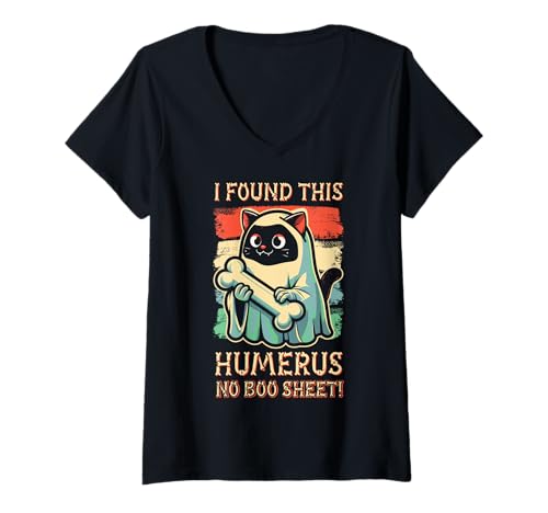 Damen I Found This Humerus No Boo Sheet – Lustige Katze Halloween T-Shirt mit V-Ausschnitt von Halloween Cat Clothing & Costumes