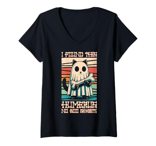 Damen I Found This Humerus No Boo Sheet – Lustige Katze Halloween T-Shirt mit V-Ausschnitt von Halloween Cat Clothing & Costumes