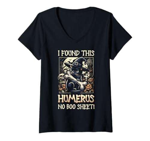 Damen I Found This Humerus No Boo Sheet – Lustige Katze Halloween T-Shirt mit V-Ausschnitt von Halloween Cat Clothing & Costumes