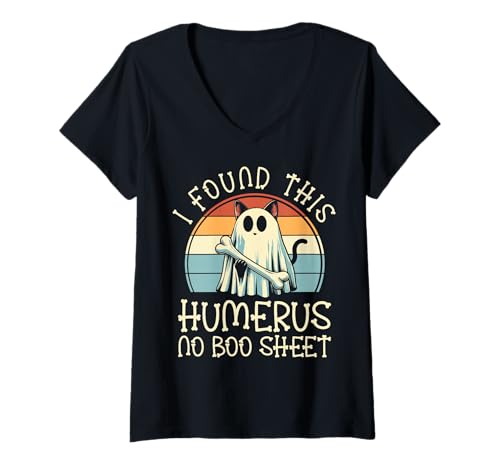 Damen I Found This Humerus No Boo Sheet – Lustige Katze Halloween T-Shirt mit V-Ausschnitt von Halloween Cat Clothing & Costumes