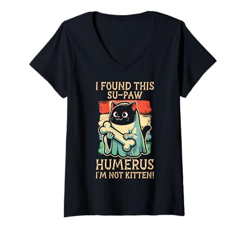 Damen I Found This Su-Paw Humerus I'm Not Kitten – Katze Halloween T-Shirt mit V-Ausschnitt von Halloween Cat Clothing & Costumes