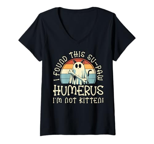 Damen I Found This Su-Paw Humerus I'm Not Kitten – Katze Halloween T-Shirt mit V-Ausschnitt von Halloween Cat Clothing & Costumes