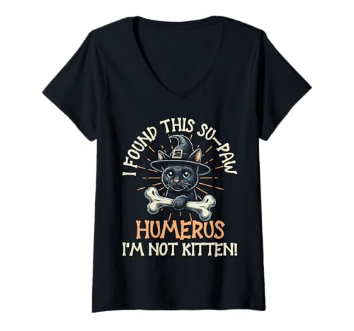 Damen I Found This Su-Paw Humerus I'm Not Kitten – Katze Halloween T-Shirt mit V-Ausschnitt von Halloween Cat Clothing & Costumes