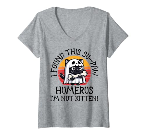Damen I Found This Su-Paw Humerus I'm Not Kitten – Katze Halloween T-Shirt mit V-Ausschnitt von Halloween Cat Clothing & Costumes