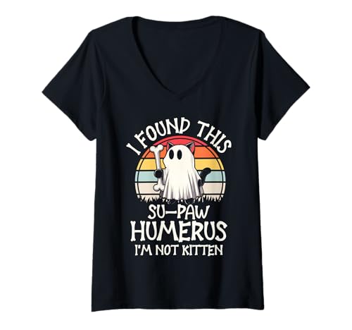 Damen I Found This Su-Paw Humerus I'm Not Kitten – Katze Halloween T-Shirt mit V-Ausschnitt von Halloween Cat Clothing & Costumes