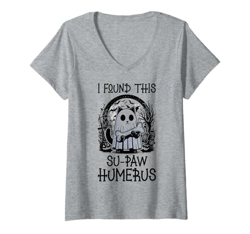 Damen I Found This Su-Paw Humerus - Lustige Katze Halloween T-Shirt mit V-Ausschnitt von Halloween Cat Clothing & Costumes
