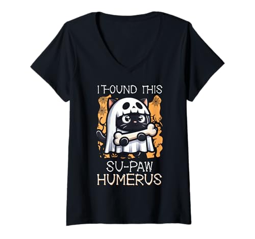 Damen I Found This Su-Paw Humerus - Lustige Katze Halloween T-Shirt mit V-Ausschnitt von Halloween Cat Clothing & Costumes