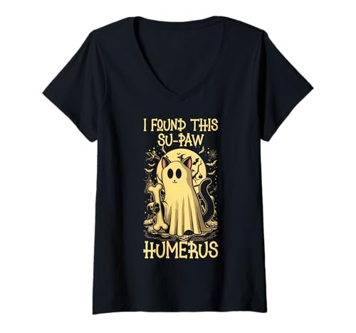 Damen I Found This Su-Paw Humerus - Lustige Katze Halloween T-Shirt mit V-Ausschnitt von Halloween Cat Clothing & Costumes