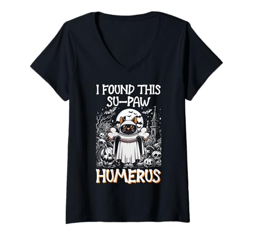 Damen I Found This Su-Paw Humerus - Lustige Katze Halloween T-Shirt mit V-Ausschnitt von Halloween Cat Clothing & Costumes