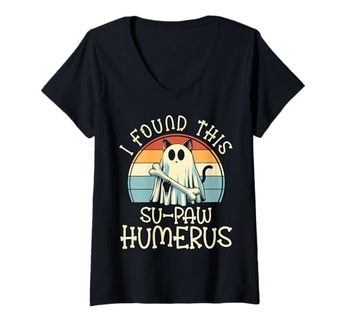 Damen I Found This Su-Paw Humerus - Lustige Katze Halloween T-Shirt mit V-Ausschnitt von Halloween Cat Clothing & Costumes