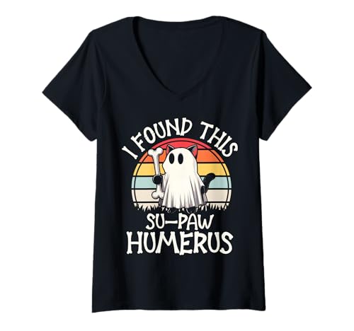 Damen I Found This Su-Paw Humerus - Lustige Katze Halloween T-Shirt mit V-Ausschnitt von Halloween Cat Clothing & Costumes