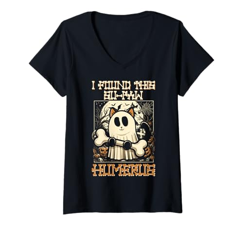 Damen I Found This Su-Paw Humerus - Lustige Katze Halloween T-Shirt mit V-Ausschnitt von Halloween Cat Clothing & Costumes