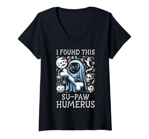 Damen I Found This Su-Paw Humerus - Lustige Katze Halloween T-Shirt mit V-Ausschnitt von Halloween Cat Clothing & Costumes