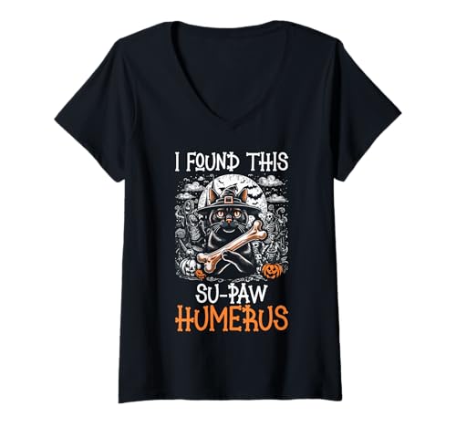 Damen I Found This Su-Paw Humerus - Lustige Katze Halloween T-Shirt mit V-Ausschnitt von Halloween Cat Clothing & Costumes