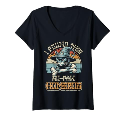Damen I Found This Su-Paw Humerus - Lustige Katze Halloween T-Shirt mit V-Ausschnitt von Halloween Cat Clothing & Costumes