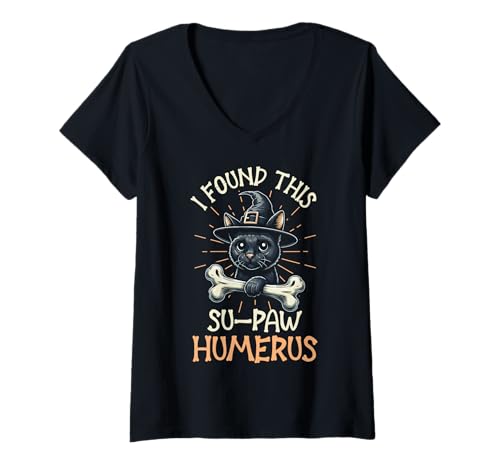 Damen I Found This Su-Paw Humerus - Lustige Katze Halloween T-Shirt mit V-Ausschnitt von Halloween Cat Clothing & Costumes