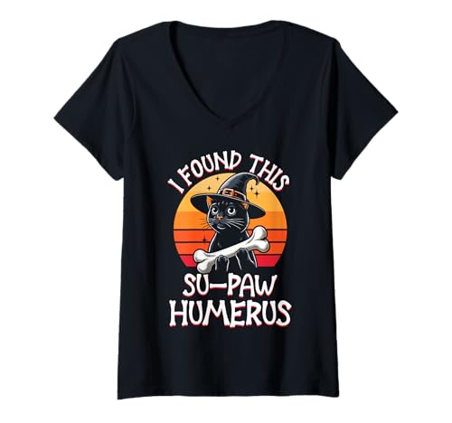 Damen I Found This Su-Paw Humerus - Lustige Katze Halloween T-Shirt mit V-Ausschnitt von Halloween Cat Clothing & Costumes