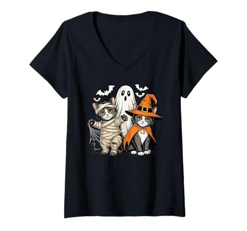 Damen Gruseliges süßes Halloween-Katzen-Kostüm, Katze, gruselige Jahreszeit T-Shirt mit V-Ausschnitt Damen Gruseliges süßes Halloween-Katzen-Kostüm, Katze, gruselige Jahreszeit T-Shirt mit V-Ausschnitt von Halloween Cat Costumes Family Spooky Vibes
