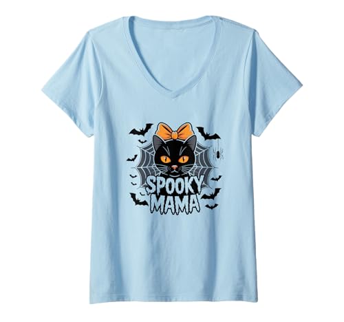 Damen Gruselige Mama Halloween Katze Süße Schleife T-Shirt mit V-Ausschnitt Damen Gruselige Mama Halloween Katze Süße Schleife T-Shirt mit V-Ausschnitt von Halloween Cat Enthusiasts Spooky Vibes
