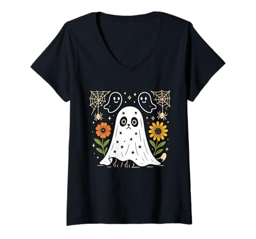 Damen Niedliches gruseliges Halloween-Katzen-Geister-Kostüm, Herbstblumen T-Shirt mit V-Ausschnitt Damen Niedliches gruseliges Halloween-Katzen-Geister-Kostüm, Herbstblumen T-Shirt mit V-Ausschnitt von Halloween Cat Ghost Spooky Cute Autumn Merch