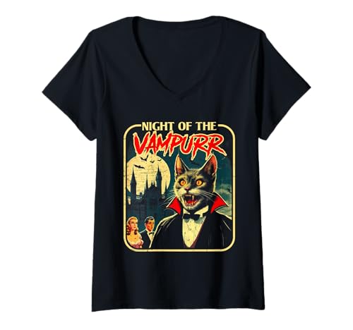 Damen Die Nacht der Vampire Lustiges Katzen-Halloween T-Shirt mit V-Ausschnitt Damen Die Nacht der Vampire Lustiges Katzen-Halloween T-Shirt mit V-Ausschnitt von Halloween Cat Horror