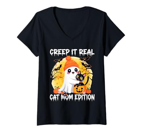Damen Cute Ghost Cat Mom Halloween Creep It Real Edition T-Shirt mit V-Ausschnitt Damen Cute Ghost Cat Mom Halloween Creep It Real Edition T-Shirt mit V-Ausschnitt von Halloween Cat Mom Ghost Pumpkin Costume
