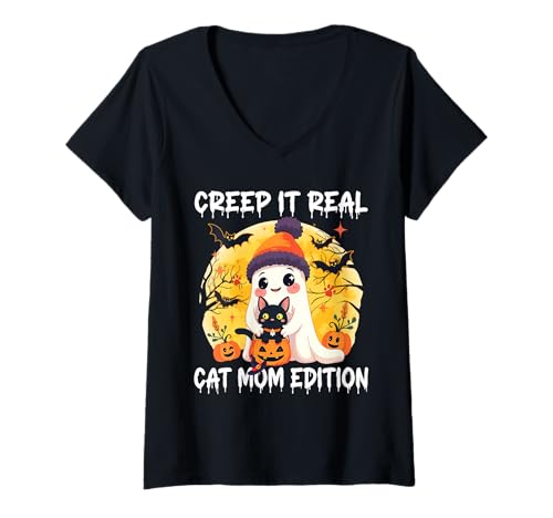 Damen Cute Ghost Cat Mom Halloween Creep It Real Edition T-Shirt mit V-Ausschnitt Damen Cute Ghost Cat Mom Halloween Creep It Real Edition T-Shirt mit V-Ausschnitt von Halloween Cat Mom Ghost Pumpkin Costume