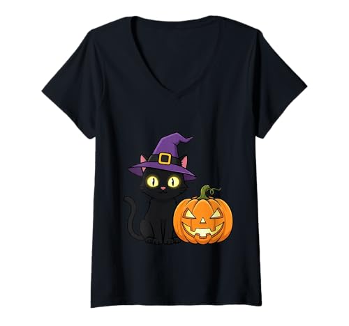 Damen Halloween Schwarze Katze Süße Hexe Katze mit Kürbis Lustiger Spook T-Shirt mit V-Ausschnitt Damen Halloween Schwarze Katze Süße Hexe Katze mit Kürbis Lustiger Spook T-Shirt mit V-Ausschnitt von Halloween Cat Pumpkin Apparel Co