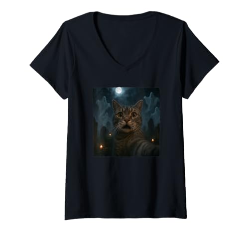 Damen Halloween Cat Selfie T-Shirt mit V-Ausschnitt Damen Halloween Cat Selfie T-Shirt mit V-Ausschnitt von Halloween Cat Selfie